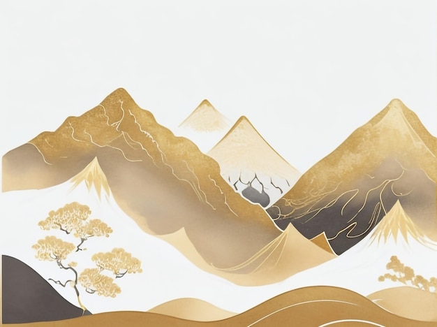 Golden Horizon Peaks Mountain and Golden Line Arts Background in Vector