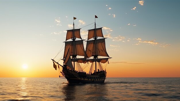 Golden horizon zeilschip op de open zee bij zonsondergang