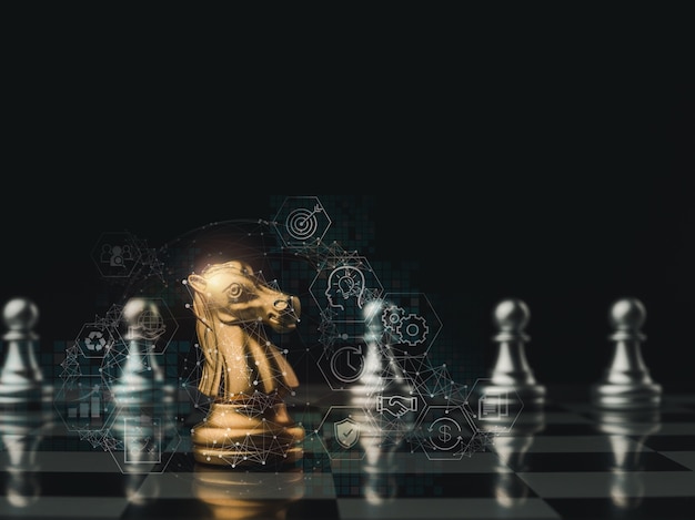 Premium Photo  The golden horse, knight chess piece standing in front of  silver pawn chess pieces on chessboard on dark background. leadership,  follower, team, commander, competition, and business strategy concept.