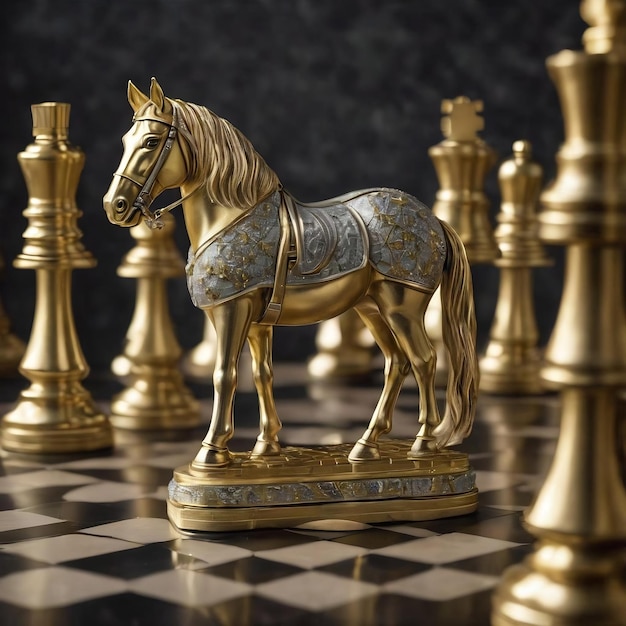 The golden horse knight chess piece standing in front of silver pawn pieces on silver hexagon patter