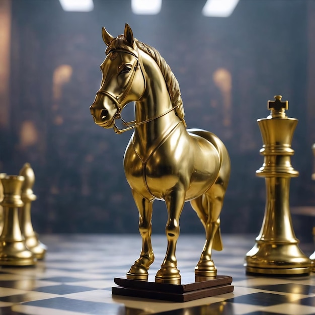 The golden horse knight chess piece standing in front of silver pawn pieces on silver hexagon patter