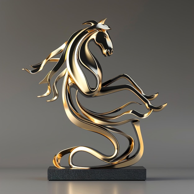 a golden horse statue is on a white surface