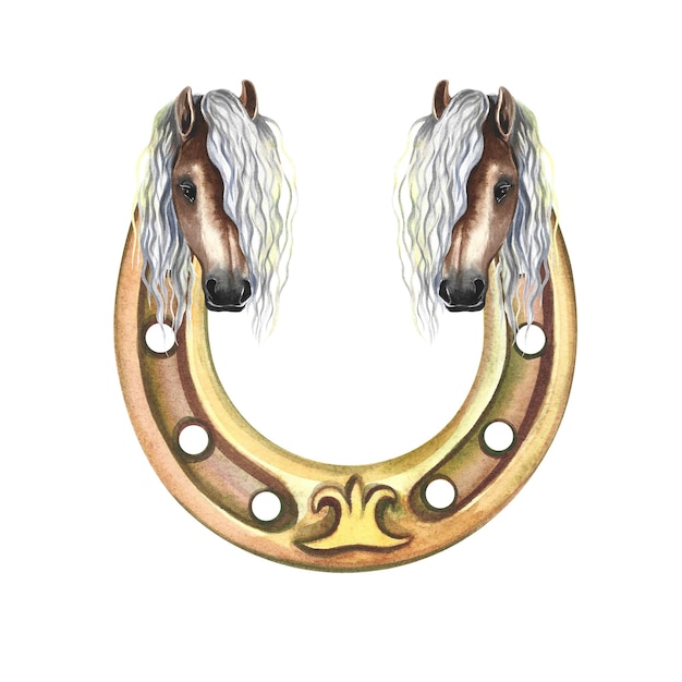 A golden horseshoe decorated with portraits of horses is a beautiful mare Watercolor handmade