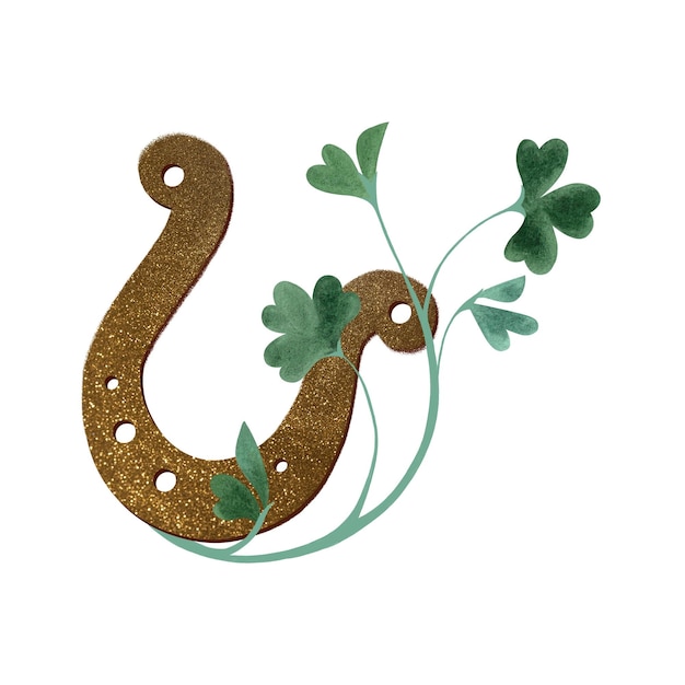 A golden horseshoe entangled with a clovershamrock Symbol of good luck