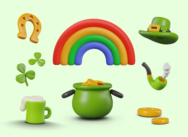 Golden horseshoe rainbow leprechaun hat clover leaves pipe beer mug treasure pot coins