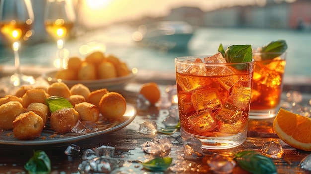 Golden Hour Aperol Spritz with Traditional Venetian Snacks