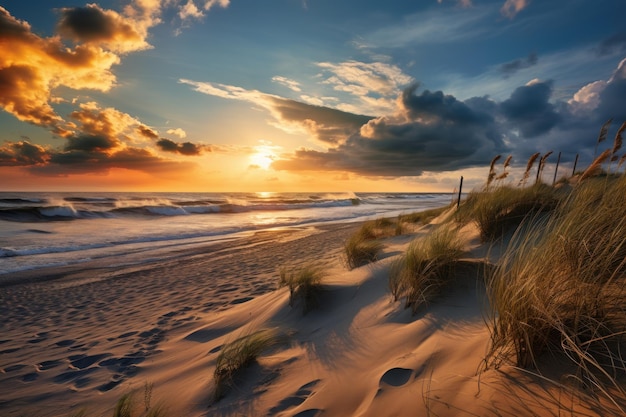 Golden Hour Beach met zandduinen en lichte wolken gegenereerd door AI