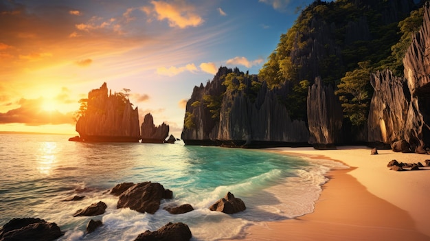 Golden Hour Beach Scene In Palawan A Majestic Scifi Landscape