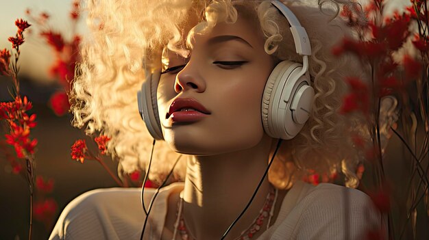 Photo golden hour bliss a curlyhaired woman in floral euphoria immersed in music surrounded by poppies