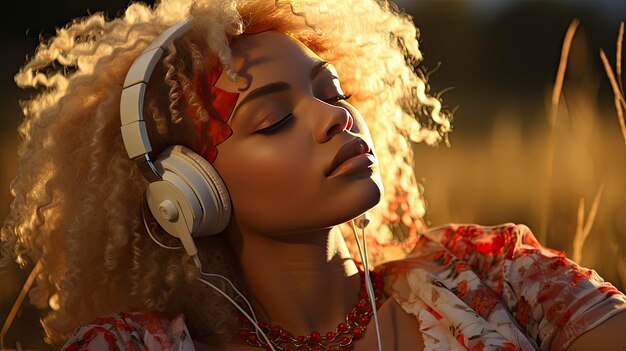 Golden Hour Bliss A CurlyHaired Woman in Floral Euphoria Immersed in Music Surrounded by Poppies