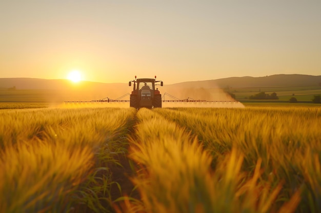 Golden Hour Over a Blooming Canola Field with a Tractor in the Background