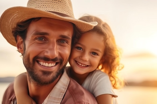 Golden hour bonding father and daughter embrace at sunset