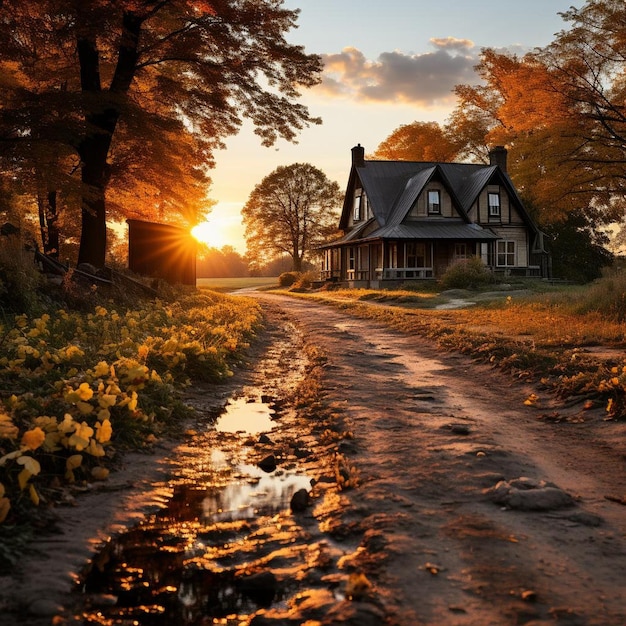 Golden Hour Countryside Retreat Autumn Landscape Photo