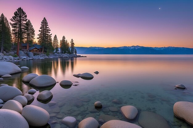 カリフォルニア州 タホー湖の日の出前の黄金時刻