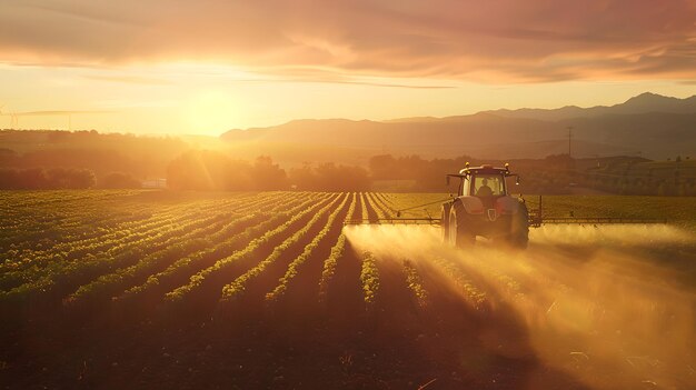 Foto golden hour farming tractor tilling fields at sunset agricoltura rurale in armonia con la natura toni terrieri catturando la scena idilliaca delle fattorie ai