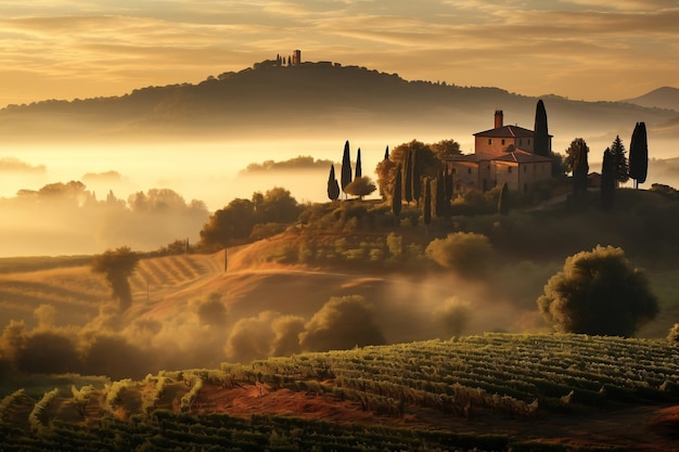 Golden Hour Fog over Tuscan Hills Generative AI