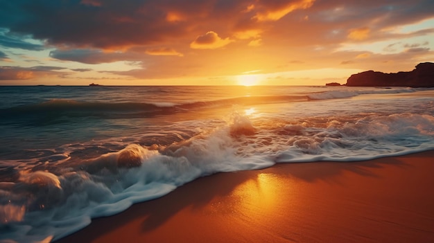 Golden hour glow in the beach with waves