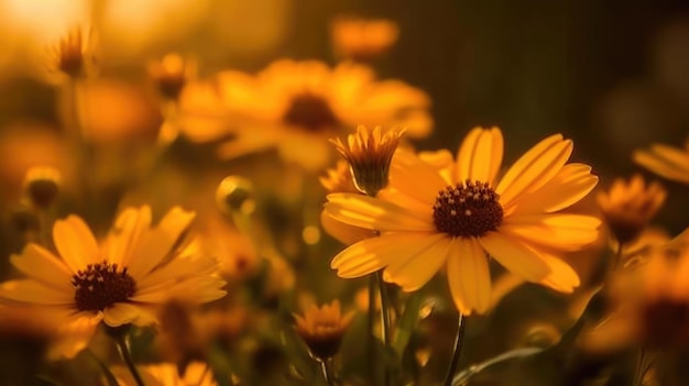 Foto l'ora d'oro brilla su un campo di fiori selvatici gialli in fiore