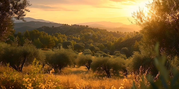 Golden hour over lush landscape serene countryside view warm sunset light bathing hills nature photography AI