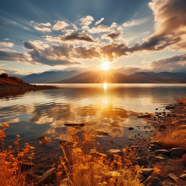 Golden hour morning warm sweet Armenian sun Lake Sevan realistic