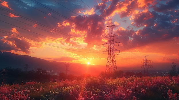 Golden hour paints the sky behind a high voltage electric towe