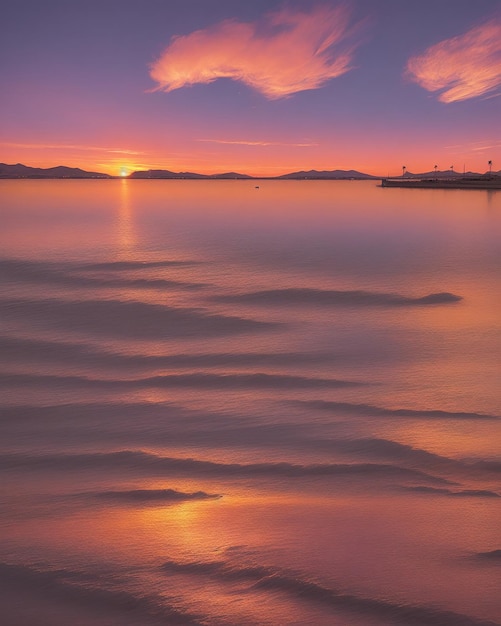 ゴールデンアワーのピンクオレンジと紫の光の夕日が水上のマールメナースプレアの屈曲部に沈む