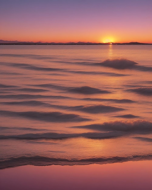 Golden hour pink orange and violet light sunset over the Mar menor spaire flections on the water