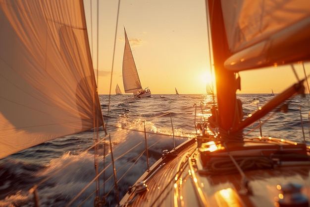 Golden Hour Sailing Adventure Close Up View van het jacht met golven en zonnevlammen op de Oceaan Horizon