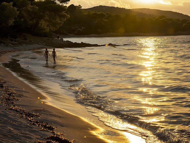 고립된 여름 해변에서 황금 시간 태양은 모래와 바다에 작별 인사를합니다.