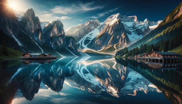 Foto orario d'oro serenità lago alpino e cime innevate