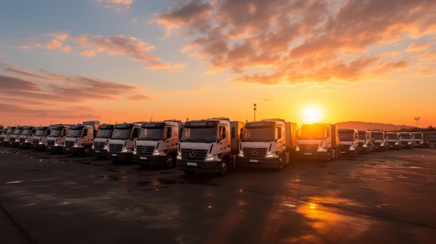 Golden Hour Serenity geparkeerde vrachtwagens baden in het boeiende licht van een majestueuze zonsopgang