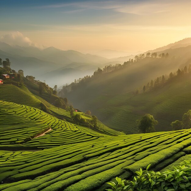 Photo a golden hour shot of the tranquil tea plantations of darjeeling with mist rolling over the lush g