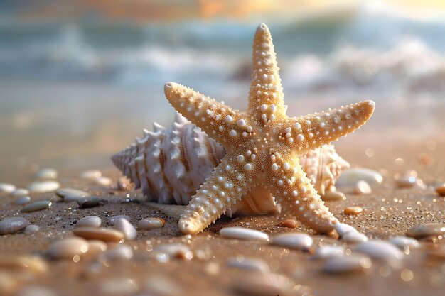 写真 砂浜 の 黄金 の 時刻 の 星魚 と 輝く 海 の 背景