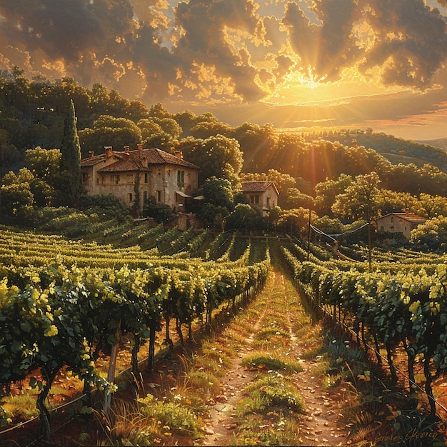 Photo golden hour sunlight filtering through a vineyard