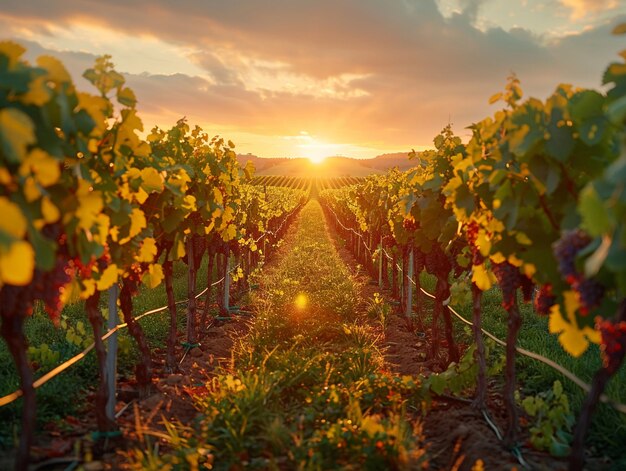 Golden hour sunlight filtering through a vineyard