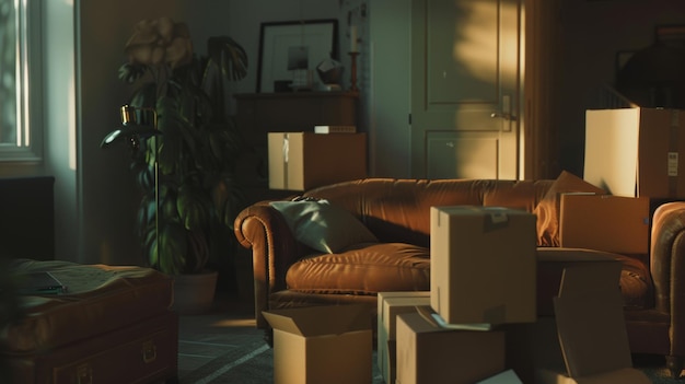 Golden hour sunlight filters through a cozy room filled with moving boxes