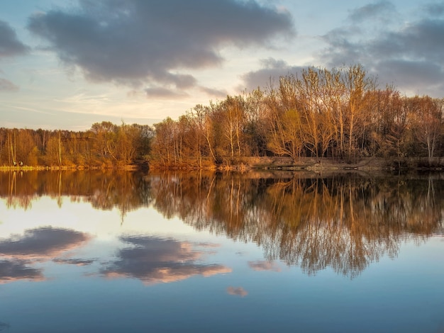 Golden hour sunlight at forest lake with still water surface reflecting clousd and bare trees on distant shore in spring evening