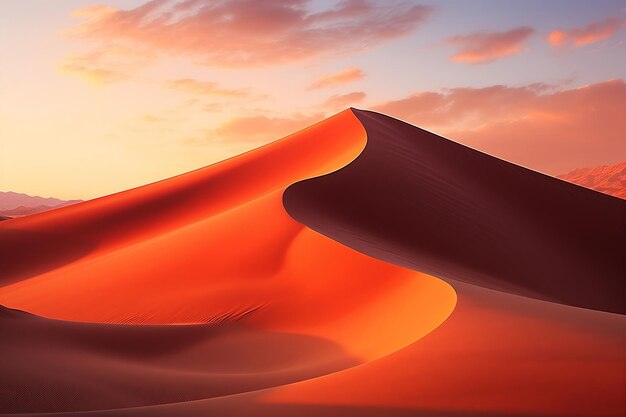 砂漠の砂丘に囲まれたゴールデンアワーの夕日の美しさ 生成 AI