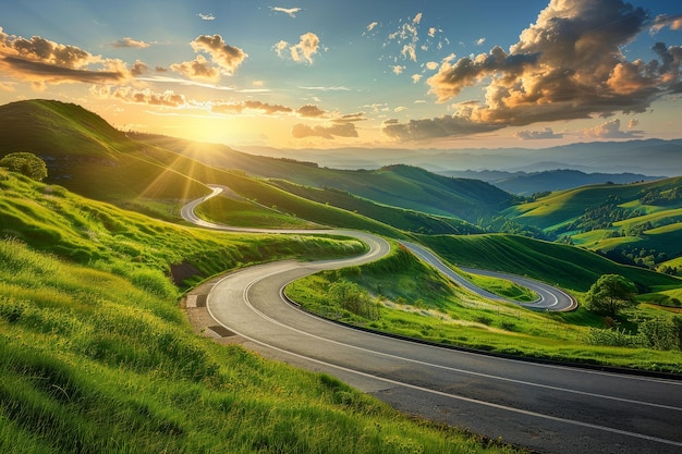 Photo golden hour sunset on winding road in green hills