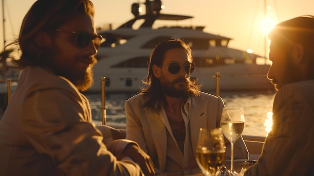 Golden hour toast on a luxury yacht friends enjoying a sunset drink elegant social gathering by the marina serene highend lifestyle moments captured AI