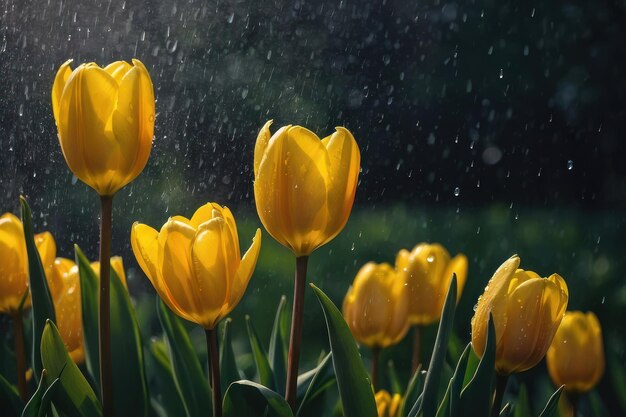 Golden Hour Tulip Field with Water Sprinkles