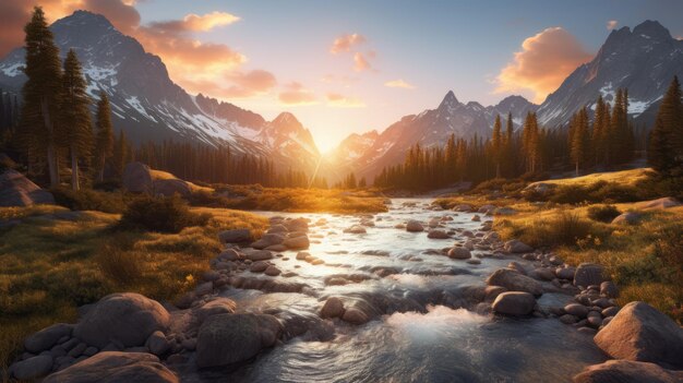 Golden Hour Wilderness Landscape Majestic Mountains And Serene River