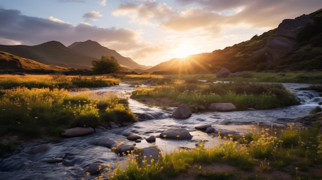 Golden Hour Wilderness Landscape A Photorealistic Image Of A Stream Flowing Through Grassy Land