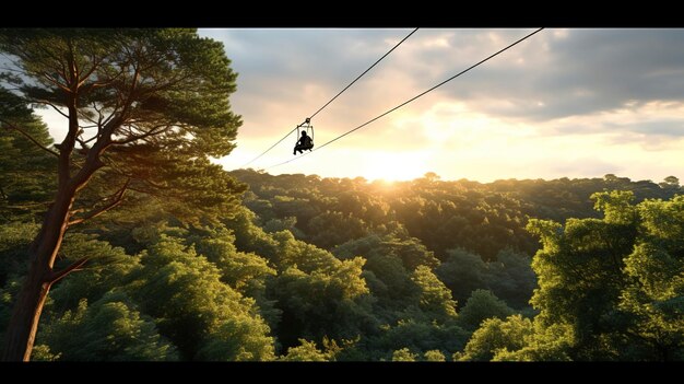 Golden hour ziplining door een bos Volledig zicht