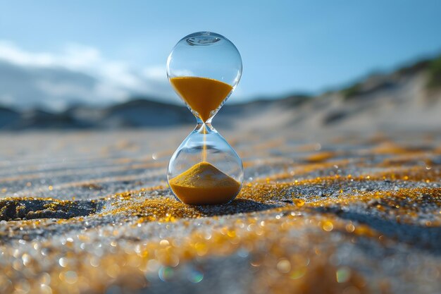 Photo golden hourglass on sandy beach under vibrant sky