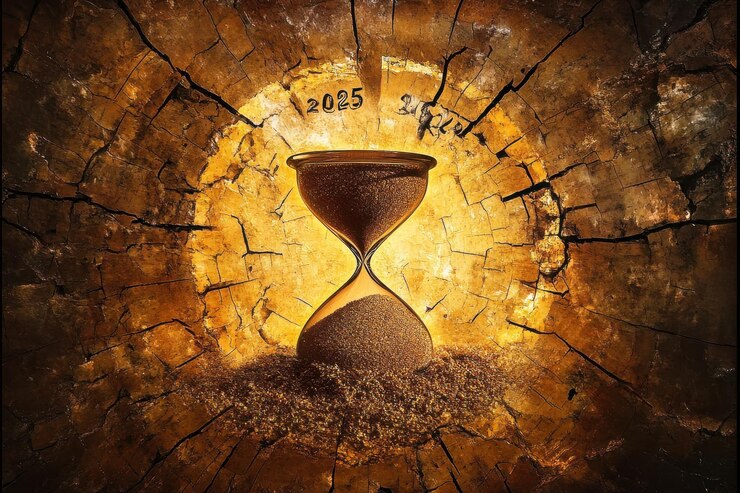 Golden Hourglass Spilling Sand in Cracked Background