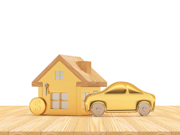 Golden house and car icons with coin