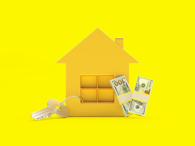 golden house figurine with key and dollar bills