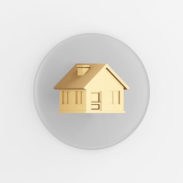 Golden house icon. 3d rendering gray round key button, interface ui ux element.