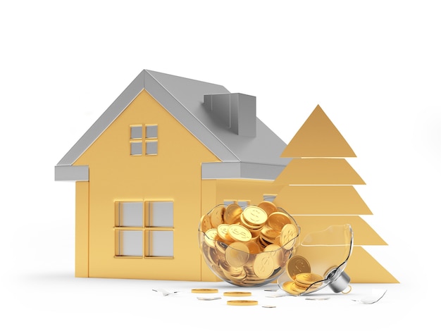 Golden house icon and broken Christmas ball with coins